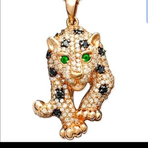Cougar Cat Lion Rhinestone Green Eyes Necklace